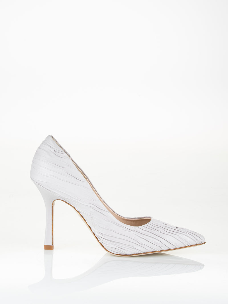 Décolleté tacco 9 cm MSUP ELISA  in pelle nappa con pieghe color perla. Codice: NP2928N  Suola: in cuoio/gomma  Made in Italy